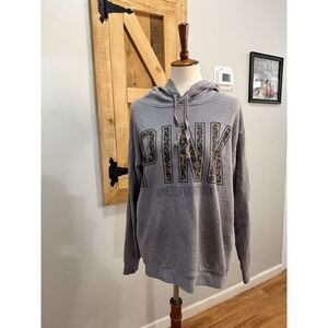 Victorias Secret PINK Hoodie Grey Leopard Print Logo Pullover XS 1986 Sweatshirt